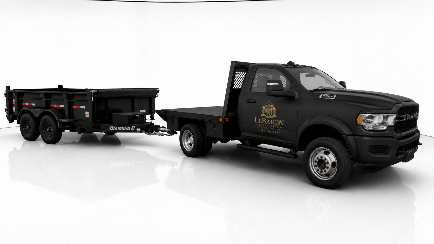 LeBaron Excavating heavy-duty black work truck and dump trailer