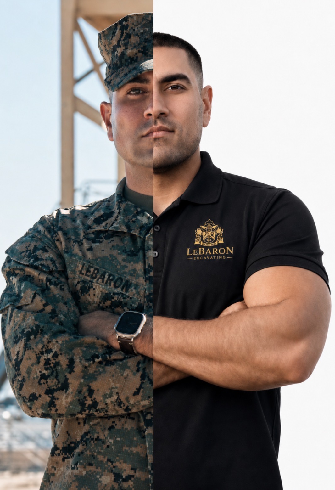 Orlando LeBaron, owner of LeBaron Junk Removal, in Marine Corps uniform and company shirt