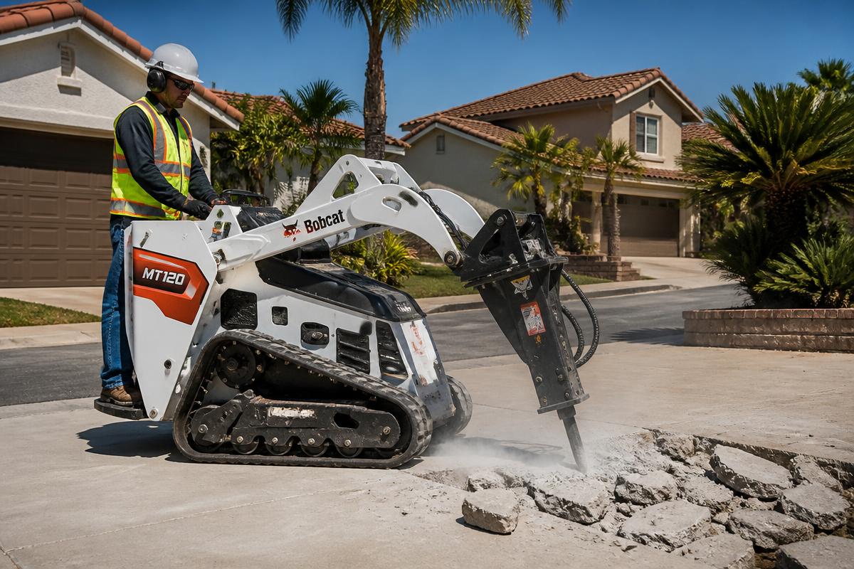 Bobcat MT120 with hydraulic breaker attachment breaking a reinforced concrete slab