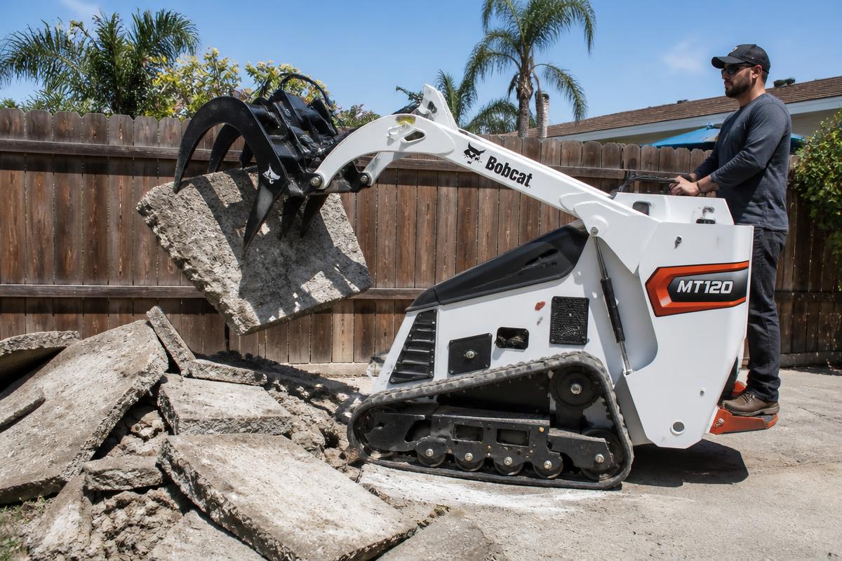 Bobcat MT120 loading broken concrete patio pieces into its bucket for haul-off