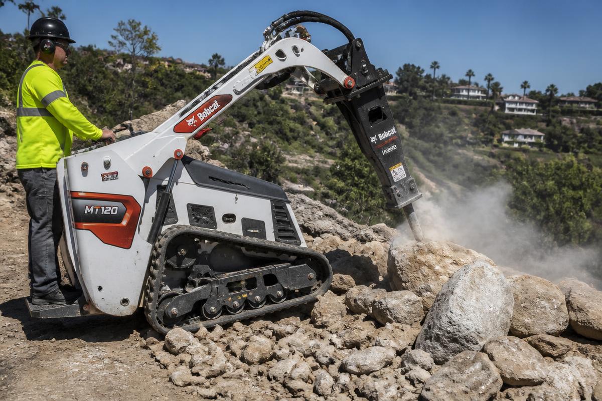 Bobcat MT120 with grapple attachment tearing down an old backyard shed