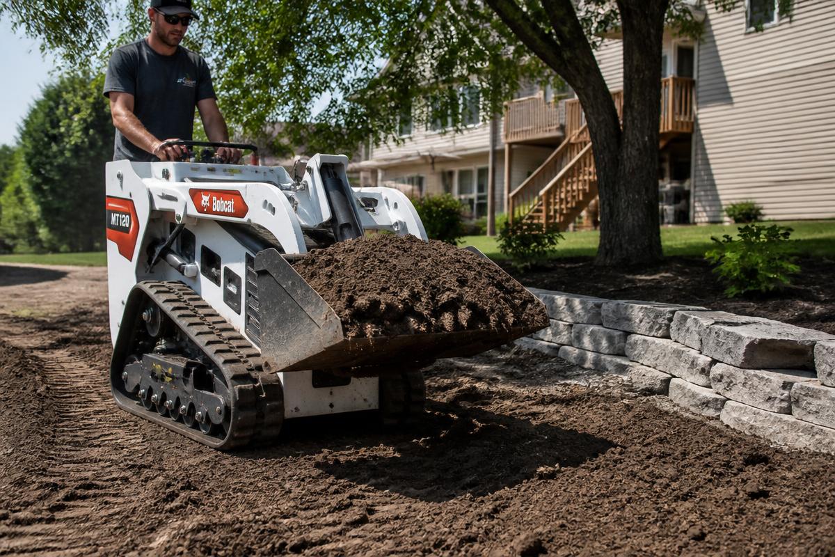Bobcat MT120 carrying a full bucket of soil across a residential property