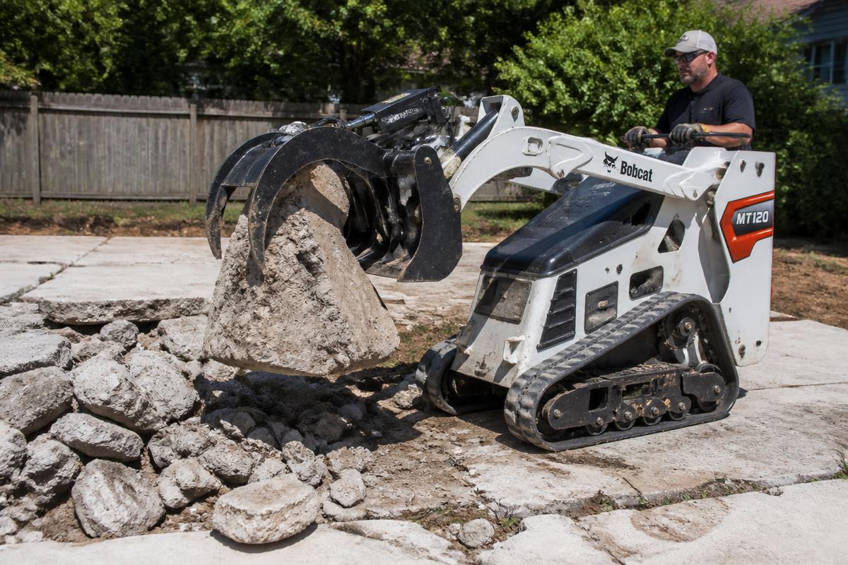 Bobcat MT120 grapple attachment lifting heavy logs and bulky debris