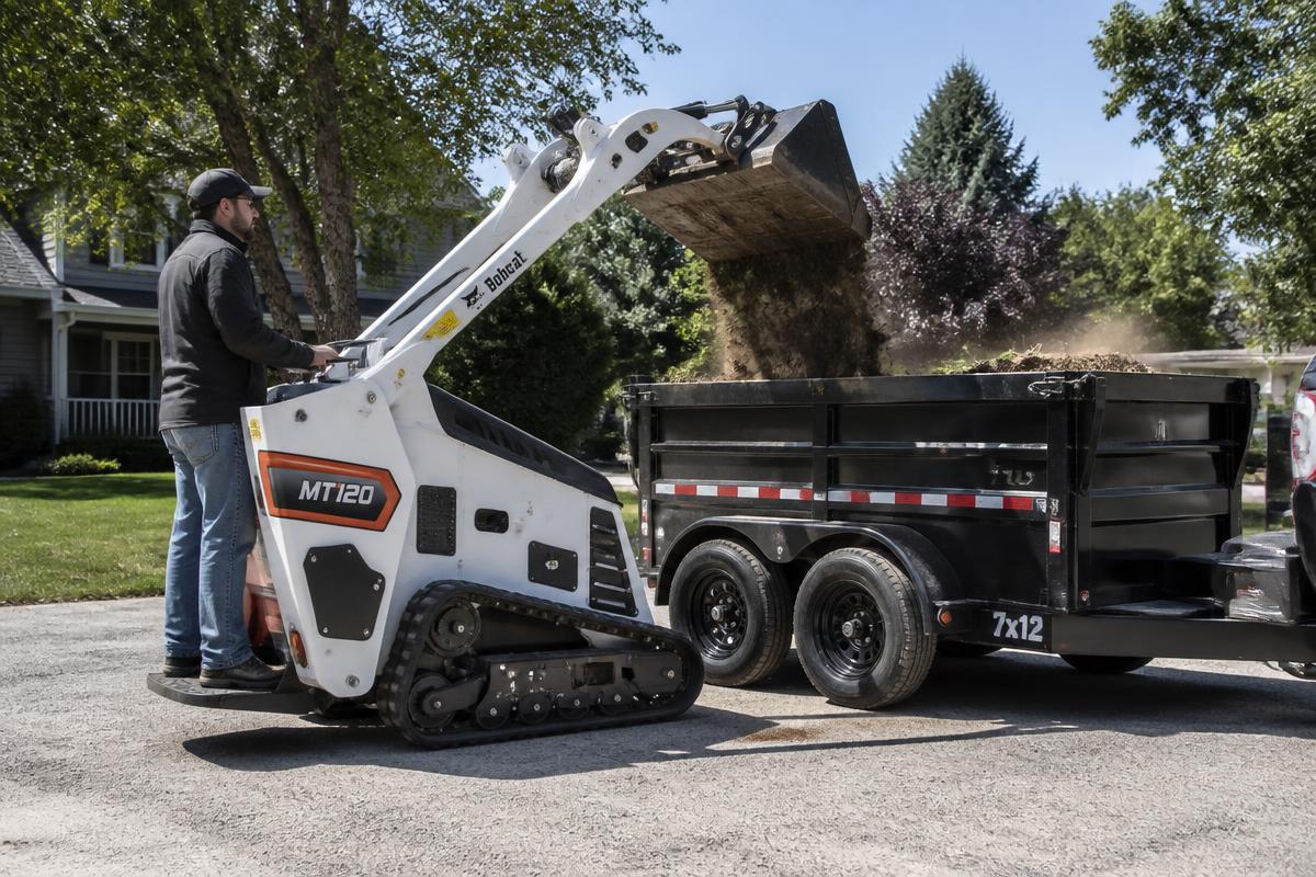 Bobcat MT120 dumping dirt and broken concrete into a black dump trailer