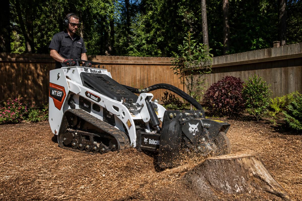Bobcat MT120 with stump grinder attachment grinding a tree stump